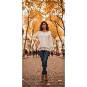 Democracy  Cream Lace Trim/Embroidered Long Bell Sleeve Blouse size XS